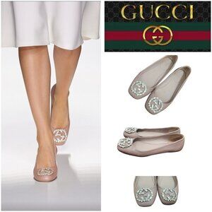 Gucci Women's Ballet Flats Pink Satin Square Toe GG Crystal Logo Designer Shoes